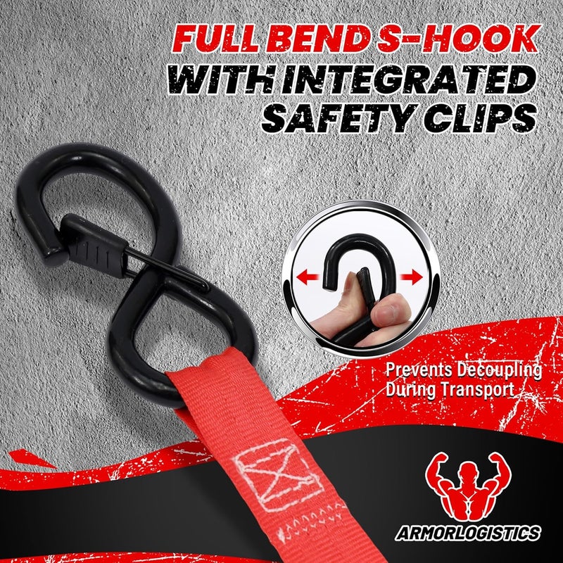 ARMORLOGISTICS Retractable Ratchet Straps 4 Pack, 1 in x 12 FT Auto Ratchet Straps for Motorcycle, Kayak and Trucks, Breaking Strength 1,500LBS/500LBS Working Load Limit Red - Image 3